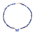 Macro detail of blue stone bead necklace with translucent butterfly pendant and gold clasp - Blue