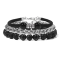 Set bracciali da uomo multistrato con pietre naturali opache e catena a maglie argento - Pietra Ragnatela Nera / 19cm