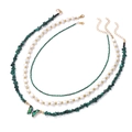 Three-layer layered necklace set with green malachite stones, butterfly charm and pearls - Green (FN1540)