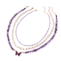 Detailed close-up of triple-layered necklace with purple stone beads and butterfly pendant - Purple (FN1545)