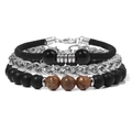 Set di bracciali a tre strati da uomo con pietre nere opache e catena argento - Diaspro Paesaggio / 19cm