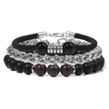 Set di bracciali da uomo con pietre nere opache e catena in metallo argento - Rosso Floreale / 19cm
