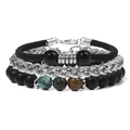 Set di bracciali da uomo con pietre nere opache e catena in acciaio argento - Pietra di pino africano / 19cm