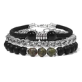 Set bracciali uomo con perle nere opache, catena in acciaio inossidabile e pietre verdi - Unakite / 19cm