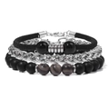 Set di 3 bracciali da uomo con perline nere, pietra naturale e catena in acciaio - Pietra di Pavone Nera / 19cm