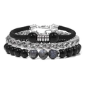 Set da uomo 3 pezzi con corda intrecciata nera, catena argento e bracciale di perle naturali - Labradorite / 19cm