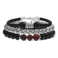 Set bracciale multistrato da uomo con perle nere opache e catene in acciaio - Ossidiana Mogano / 19cm
