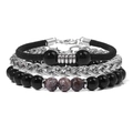 Set di 3 bracciali da uomo con perle di pietra nera opaca e catena in acciaio argento - Ossidiana Fiocco di Neve / 19cm