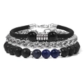 Set bracciali da uomo con perle di pietra lavica nera e catena in acciaio inossidabile - Lapislazzuli / 19cm