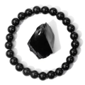 Macro detail of natural black obsidian stone bead bracelet with raw gemstone center - Obsidian Style(FK1456)