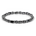 Tiger eye and hematite beaded elastic bracelet with silver spacers in black metallic finish - Hematite
