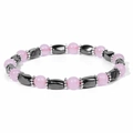 Elastic beaded bracelet with pink quartz round beads and faceted hematite barrel stones - Hematite Pink Quartz