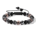 Pulsera trenzada ajustable de cuentas de piedra con cuarzo ahumado y cuentas negras - Estilo de Textura Mineral Gris y Negra (FA0021)