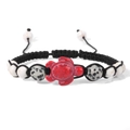 Adjustable woven bracelet with a red turtle charm and natural stone beads on black cord - Red