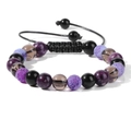 Pulsera trenzada a mano con cuentas de color púrpura y cordón negro ajustable - Estilo de Ágata Agrietada Púrpura (FA0022)