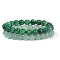 Macro detail of natural stone bead bracelets featuring green aventurine and marbled stones - 8mm Green Spotted Stone & Green Aventurine