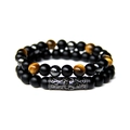 Set of 2 natural stone beaded bracelets with matte onyx and tiger eye for men and women - Matte Black Agate & Tiger Eye Style (FK1287) / Two-Piece Set