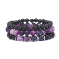 Juego de tres pulseras para hombre de piedra de lava y cuentas de ágata con rayas - Estilo Ágata Púrpura (FK1492)