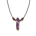 Halskette mit unregelmäßigem lila Naturstein-Anhänger, Holzperlen und schwarzer Schnur - Amethyst (Mit Holzperlen)