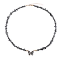 Chic gray stone chip necklace with a transparent butterfly pendant and golden metal clasp - Gray