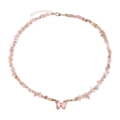 Pink gravel stone bead necklace featuring a translucent butterfly pendant and gold clasp - Pink