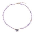 Handmade beaded necklace with purple gravel stones and blue butterfly charm - Purple Yellow