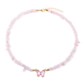 Pink stone beaded necklace with a translucent butterfly pendant and gold extension chain - Light Pink