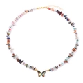Bohemian colorful crushed stone necklace with iridescent butterfly pendant and gold clasp - Colorful