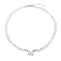 Minimalist gold necklace featuring white crystal chips and a colorful opal butterfly pendant - Clear White