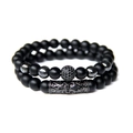 Two-piece matte black stone bead bracelet set with micro-pave skull and carved tube - Matte Black & Full Pave Ball Style (FK1289) / Two-Piece Set