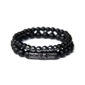 Double-layer black matte stone bead bracelet set with micro-pave skull cylinder - Matte & Glossy Black Style (FK1290) / Two-Piece Set