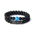 Two-piece natural stone bead bracelet set with matte black beads and a bright blue accent - Matte Black & Blue Bead Style (FK1291) / Two-Piece Set