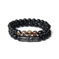 Double-layered matte black stone bead bracelet with agate beads and vintage metal cylinder - Matte Black & Silk Agate Style (FK1292) / Two-Piece Set