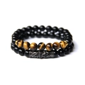 Two-piece set of black onyx and tiger eye bead bracelets with pavé skull tube charms - Glossy Black & Tiger Eye Style (FK1293) / Two-Piece Set