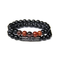 Double-layered men's bracelet set with black beads and red-brown agate stones - Glossy Black & Red Agate Style (FK1296) / Two-Piece Set