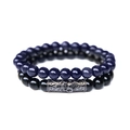 Two-piece set of blue goldstone and polished black onyx beads bracelets with cross charm - Glossy Black & Blue Goldstone Style (FK1297) / Two-Piece Set