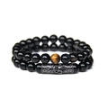 Two-piece black beaded bracelet set featuring micro-pave skull and natural stone beads - Glossy Black & Tiger Eye Accent Style (FK1298) / Two-Piece Set