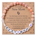 Natural stone bead bracelet with BEST MOM letter charms on greeting card gift set - New Mom Bracelet With Heart Card (Red Network)