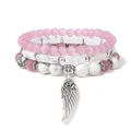 Set di bracciali in perline occhio di gatto rosa e marmo bianco con ciondolo ad ala - Stile Occhio di Gatto Rosa (FK1683-19cm)