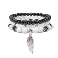 Set di bracciali a tre strati con perle in pietra bianca e ciondolo ad ala in stile vintage - Stile Agata Nera (FK1686-19cm)
