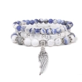 Set di tre braccialetti in rilievo di marmo blu e bianco con ciondolo ala d'angelo e rosa - Stile Pietra Texture Blu Bianco (FK1688-19cm)