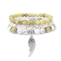 Set di 3 braccialetti elastici con pietre di marmo bianco e ciondolo a rosa e piuma - Stile Minerale Giallo Verde (FK1691-19cm)