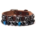 Close-up of punk leather bracelet with metal skulls and tiger eye beaded strand - Dark Brown Leather Blue Beads (FD6619-19cm)