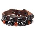Men's punk leather bracelet set with metal skulls and natural tiger eye beads - Brown Leather Reddish Brown Beads (FD6617-19cm)