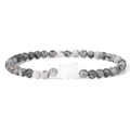 Elastisches Steinperlenarmband mit grauer Marmortextur und weißem Katzenanhänger - Schwarz-Weißer Marmortex-Stil (FD10124-19CM)