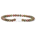 Elastisches Perlenarmband mit 4mm Natursteinen in Grün-Rot und weißem Katzen-Anhänger - Rot-Grüner Granitstil (FD10131-19CM)