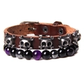 Punk leather bracelet with silver skulls and natural tiger eye stone beads in brown - Brown Leather Purple Beads (FD6618-19cm)