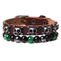 Men's punk leather bracelet set with silver skulls and tiger eye stone beads - Dark Brown Leather Green Beads (FD6620-19cm)