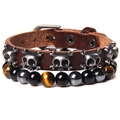 Men's punk leather skull rivet bracelet set with tiger eye and obsidian beads - Brown Leather Yellow Brown Beads (FD6621-19cm)