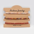 Three-piece set of natural stone bead bracelets with colorful 4mm beads on display card - Red Mesh Agate Yellow Stone Red Agate AB